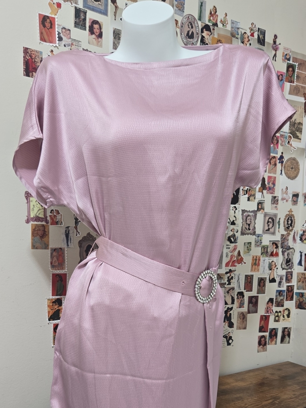 MOTF Metallic Pink Satin Belted Maxi Rhinestone Buckle Size S Oversized Fit